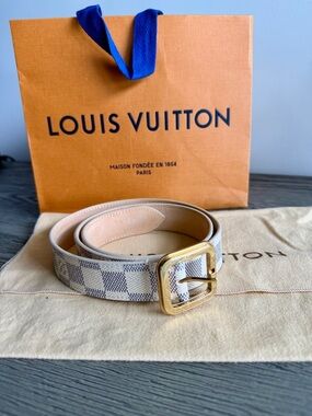 Louis Vuitton Damier Azur Checker Canvas Belt with Gold-Tone Buckle